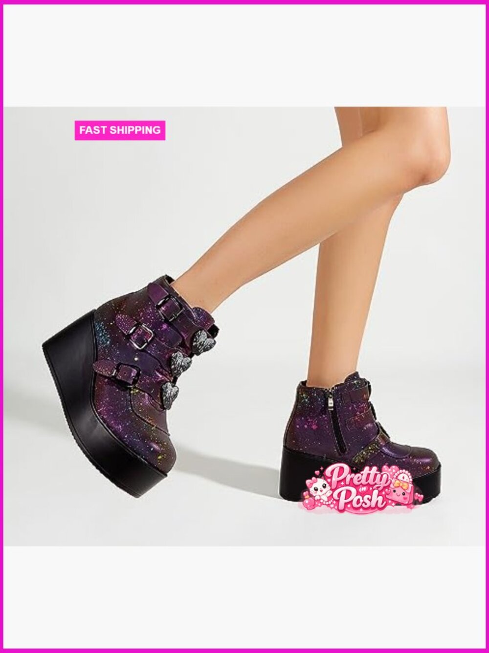 Platform Chunky Ankle Boots Round Toe Zipper Wedges High Heels Rave Buckle - Picture 2 of 7